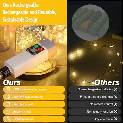 Rechargeable Fairy Lights Plug In 33FT 100 LED,8 Modes Fairy Lights Battery Operated with Remote Timer USB Charging, IP65 Waterproof Outdoor Camping Lights, for Camping Patio Christmas Bedroom Decor