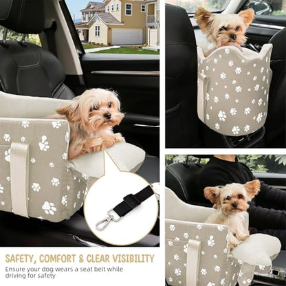 Dog Car Seat for Small Dogs (Under 15 lbs) – Center Console Pet Carrier with Safety Belt, Storage Pockets & Removable Washable Cover (Khaki Car Seat) - color: Khaki