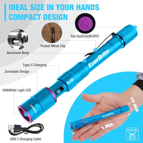 EverBrite Rechargeable Pen Flashlight with UV Light and White Light, 395nm Black Flashlight with Clip, Zoomable 4 Modes with Memory, USB C Cable, for Camping, Emergency, Pet Urine Detection,Blue - color: Blue