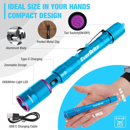 EverBrite Rechargeable Pen Flashlight with UV Light and White Light, 395nm Black Flashlight with Clip, Zoomable 4 Modes with Memory, USB C Cable, for Camping, Emergency, Pet Urine Detection,Blue - color: Blue
