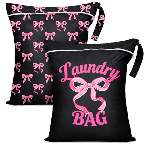 2 Pcs Large Travel Laundry Bags Waterproof Wet Dry Bag, Washable Dirty Clothes Bags for Travel，Drawstring, Bathing Suit, Workout, Gym Clothes Laundry, Swimming Pool & College Dorm, Black Bow - color: Black Bow