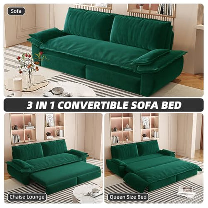 KEIKI 73.2" Pull Out Sofa Bed Queen, 3-in-1 Convertible Sleeper Couch with Smooth Rolling Wheels, Velvet Futon Sofa Bed for Guest Room Bedroom Overnight Sleeping Space Saving Couch - color: Green, size: 73.2 Inch Queen