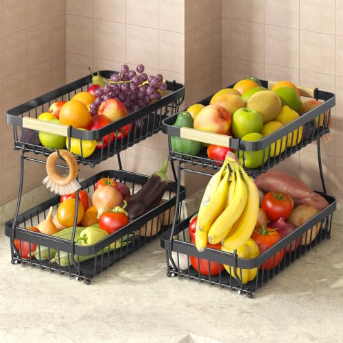 Sevenblue 2 Pack Fruit Basket for Kitchen Counter with 4 Mobile Banana Hangers, 2026 Pro Metal Fruit Bowl with Wooden Handle, Fruit Holder for Bread Snack Veggies with Protective Mats (Black, 2-Pack) - color: Black, size: 2-Pack