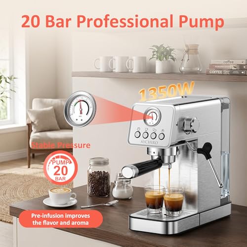 AYCHIRO 20 Bar Semi-Automatic Espresso Machine, Adjustable Espresso Machine with Pressure Gauge, Compact Espresso Maker with Steam Wand, Cup Warmer for Home & Office - color: Stainless Steel