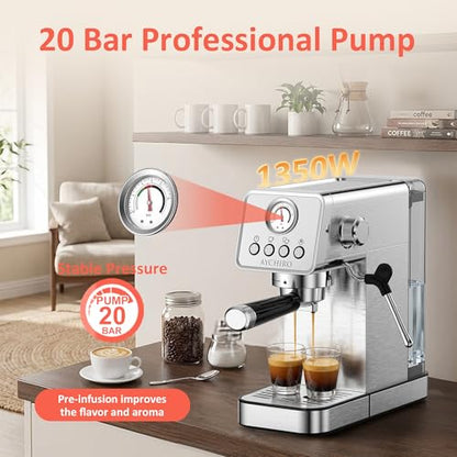 AYCHIRO 20 Bar Semi-Automatic Espresso Machine, Adjustable Espresso Machine with Pressure Gauge, Compact Espresso Maker with Steam Wand, Cup Warmer for Home & Office - color: Stainless Steel