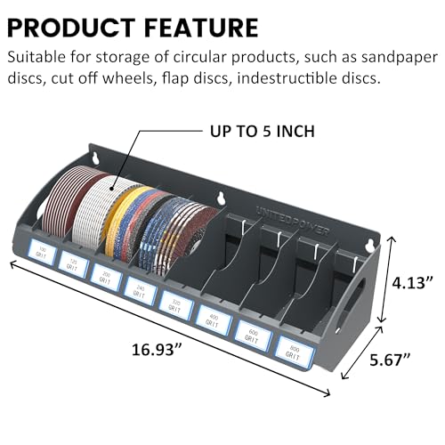 UNITEDPOWER Sanding Discs Holder, 8 Slots Wall Mount Metal Sandpaper Storage Rack for Workshop, Shed, Garage Classified Organization, Fit Most of Sandpaper