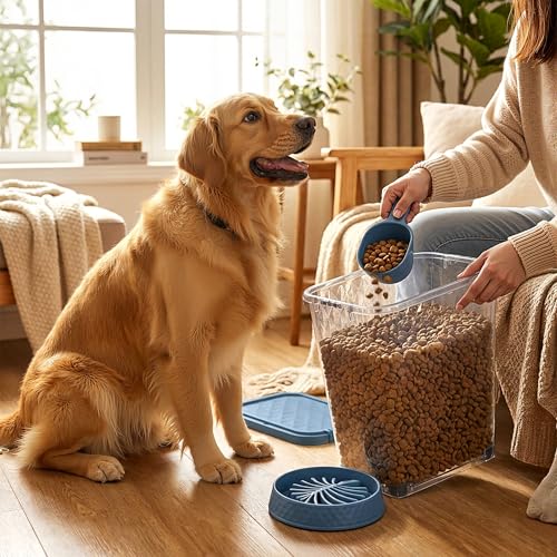 Pet Food Storage Container with Wheels Resin Capacity Dog Food Container with Slow Feeder Bowl and Scoop Easy to Move to Keep Food Fresh for Dogs, Cats, Birds（Blue,Quantity 1） - color: Blue