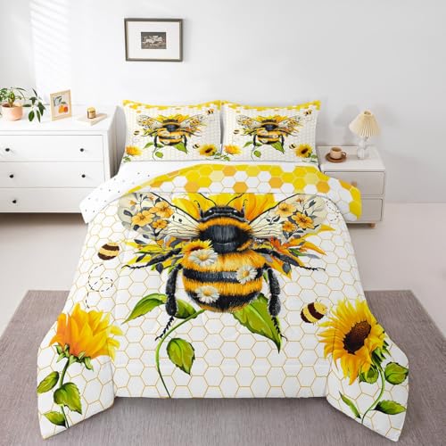 Feelyou Boys Girls Sunflower Bee Bedding Set Twin Size, Yellow Bee Comforter Set Kids Beehive Duvet Insert Teens Bedroom Decor Microfiber Bed Set - color: Yellow Bee, size: Twin