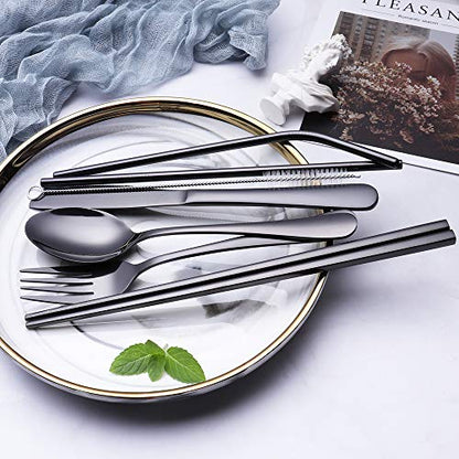 Travel Utensils Set with Case – 8-Piece Reusable Stainless Steel Camping Cutlery Set for Lunchbox, Office, School – Portable Fork Spoon Knife Chopsticks – Dishwasher Safe – Black - color: Black