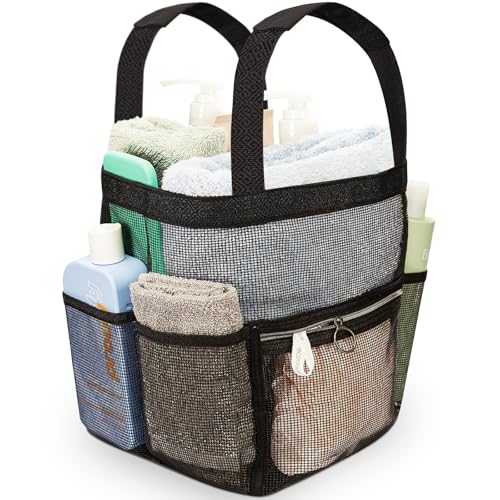DV Lifestyle Mesh Shower Caddy Dorm, 7 Pockets & 1 with Zipper, Shower Tote with Padded Handles, Travel Portable, Shower Caddy College Room Essentials, Bathroom Shower Bag (Black) - color: Black, size: Large