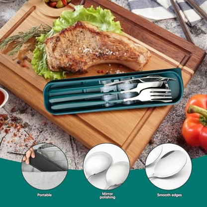 Travel Utensils with Case, 4pc Reusable Utensils Set with Case, Camping Utensil Set, Portable Silverware Lunch Utensils Set for Work Camping School (Green) - color: Green