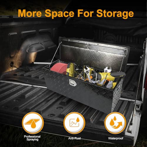 Black 44 Inch Truck Chest Tool box Heavy Duty Aluminum Stripes Plated Pick Up Truck Bed Box Waterproof RV Trailer Toolbox Storage with Side Handle and Lock Keys –44"x15"x15" - color: Black, size: 44"x15"x15"