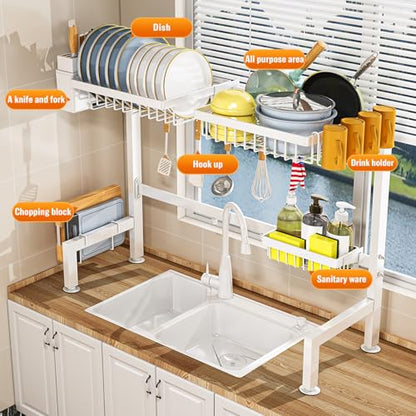 YKLSLH Over Sink Dish Rack - Extensible Large Drying Rack, Suitable for Most Sinks (26.57"-35"), Adjustable Metal Rack, Space Saving, White - color: White, size: 2 tiers 3 baskets