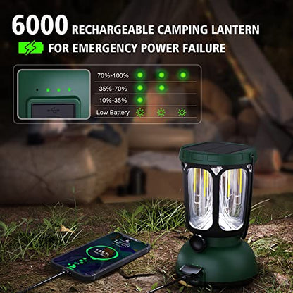 Raynic 6000 LED Camping Lantern, 650LM Hand Crank Solar Battery Powered Rechargeable Lantern, Emergency Lights for Home Power Failure, Hurricane, USB Cable Included - size: GREEN