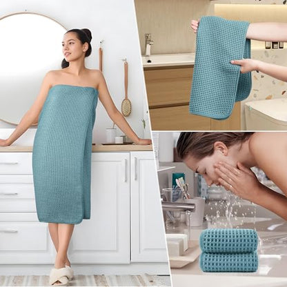 POLYTE 430 GSM Microfiber Quick Dry Lint Free Oversize Bath Towel Set, 6 Piece (Waffle Weave) - color: Green