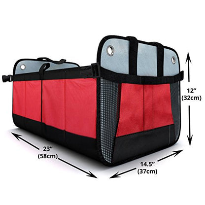 Premium Heavy Duty Auto Trunk Organizer. Best Cargo Storage for SUV, Cars, Trucks and Minivans, with 3 Compartments and Side Pockets. Durable Divider, Collapsible and Foldable with.