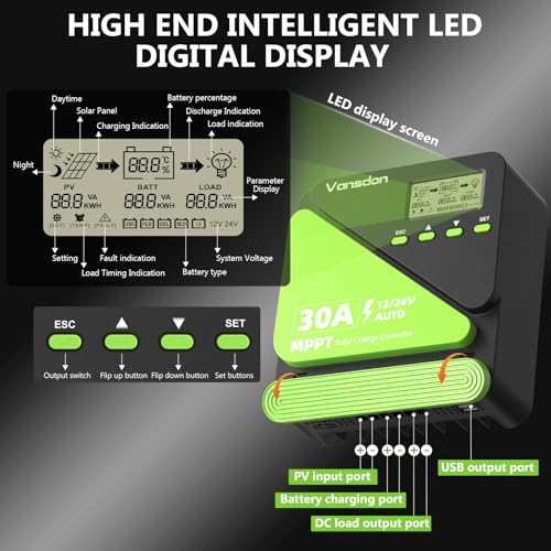 Vansdon 30A Solar Charge Controller 12V/24V MPPT Solar Charge Controller, Adjustable LCD with Timer, Dual USB Ports, for RV, Boat, Cabin, Off-Grid Systems, Compatible with FLD/LiFePO4/SLD/GEL/AGM - color: Medium Green-30