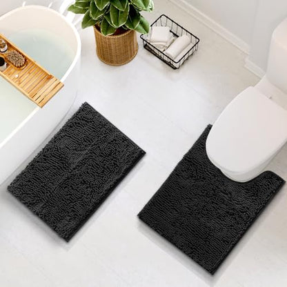 Hearth & Harbor Bathroom Rugs, Chenille Bath Mat - Machine Washable Bath Mats for Bathroom Non-Slip Backing Rubber, Quick Dry Bathroom Mat - Black 17x24-20x24 - color: Black, style: 17 x 24 + 20 x 24