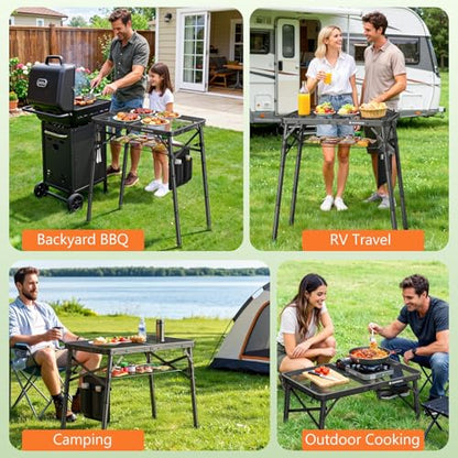 Folding Grill Table for Outside, 3 Height Adjustable Small Camping Table with Mesh Bag, Metal Aluminum Folding Table, 23.62 x 15.75 inches, Portable Grill Stand for Picnic, Camping, BBQ, Beach, Black - size: 23.62 x 15.75 x 27.56 inch