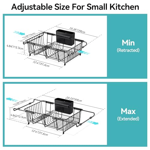 Urackify Dish Drying Rack in Sink, Stainless Steel Expandable Over the Sink Dish Rack with Utensil Holder & Cup Holder, Kitchen Drying Rack for Inside Sink, 15.35" x 11.02" x 4.84", Black - color: Black, size: Expandable - 15.35"~23.23“ x 11.02" x 4.84"