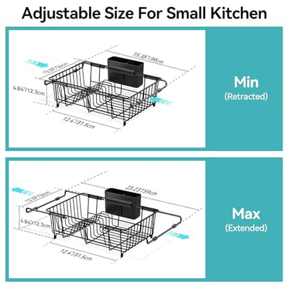 Urackify Dish Drying Rack in Sink, Stainless Steel Expandable Over the Sink Dish Rack with Utensil Holder & Cup Holder, Kitchen Drying Rack for Inside Sink, 15.35" x 11.02" x 4.84", Black - color: Black, size: Expandable - 15.35"~23.23“ x 11.02" x 4.84"