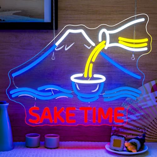Sake Time Neon Signs for Wall Decor Bar Neon Light Up Bar Home Bedroom Sake LED Signs for Japanese Art Wall Decor Mount Fuji LED Light Gifts for Anime Lover Party - color: Sake Time