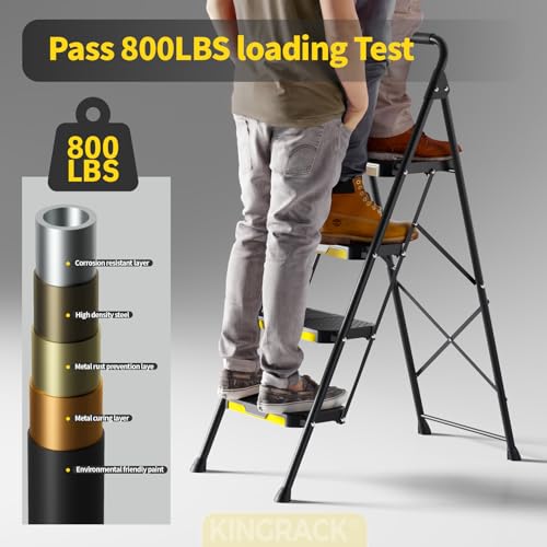 KINGRACK 4 Step Ladder, Sturdy Steel Step Stool with Safe-Lock Design, Handrail, Anti-Slip Wide Pedals, Pass 800lbs Load Testing, Folding Portable Ladder for Multi-Purpose, Home, Kitchen, Black - size: 4 Step Ladder