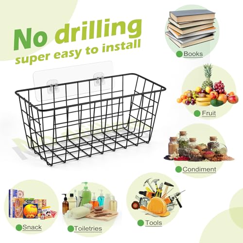 ZUSHALLMY 4 Pack Hanging Kitchen Baskets, Adhesive Wire Wall Storage Basket, No Drilling Hanging Fruit Baskets, Cabinet Door Organizer for Kitchen Bathroom Pantry, Upgrade Super-sized Adhesive (4)