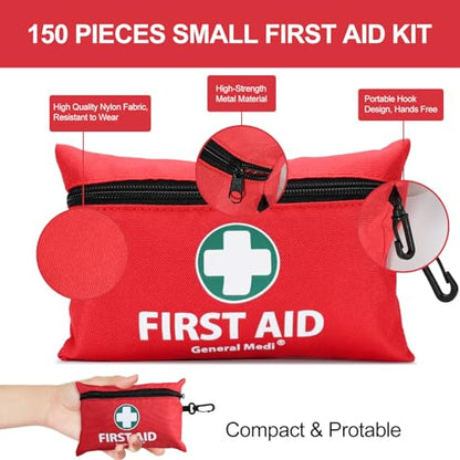 General Medi Mini First Aid Kit, 150 Piece Small First Aid Kit - Includes Emergency Foil Blanket, Scissors for Travel, Home, Office, Vehicle, Camping, Workplace & Outdoor (Red) - size: 150 Pieces