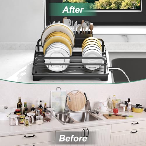 Dish Drying Rack for Kitchen Counter, Large Dish Drying Rack with Utensil Holder & Cutlery Tray, Dish Drainer with Drainboard, Black - color: 1 Tier - Black