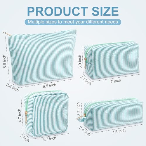 Sanwuta 4 Pcs Seersucker Pouch Cosmetic Bag Set Seersucker Makeup Bag Women Stripe Large Travel Toiletry Organizer Aesthetic Preppy Storage for Embroidery Women Bridesmaid Gifts(Light Blue) - color: Acid Blue