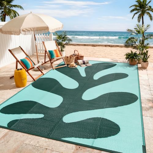 Lahome Green Outdoor Rug 8x10 Waterproof, Coral Sea Funky Pool Rv Rugs for Outside, Portable Plastic Straw Camping Carpet for Beach Picnic Patio Deck Porch, Green 8'x10' - color: Aqua Green, size: 8' x 10' (Rectangular)