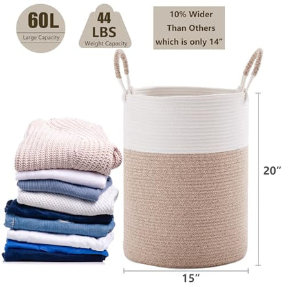 60L Laundry Hamper Basket Tall Woven Cotton Rope Clothes Hamper for Baby Girls Nursery Kids Blanket Basket in Living Room Bathroom Bedroom Brown 15Dx20H Inches Large - color: Brown1, size: Large (60L)