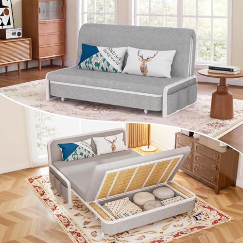 60" Pull Out Sofa Bed, 3-in-1 Convertible Sleeper Sofa Bed with Storage, Full Size Loveseat Couch Bed with Trundle & 2 Pillows, Modern RV Sofa for Living Room, Bedroom, Dorm, Office, Stone Gray, 909 - color: Stone Gray