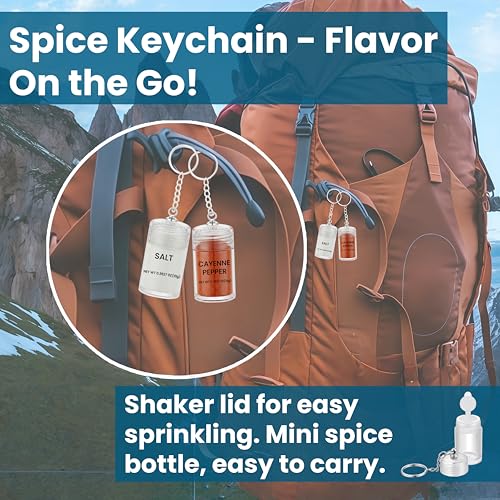 Mini Salt Keychain Bottle – Refillable AS Travel Salt Shaker – Portable Spice Jar with 2 Stickers – Small Key Chain Shaker for Camping, Office, Picnics, Lunchboxes