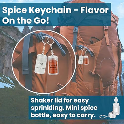 Mini Salt Keychain Bottle – Refillable AS Travel Salt Shaker – Portable Spice Jar with 2 Stickers – Small Key Chain Shaker for Camping, Office, Picnics, Lunchboxes