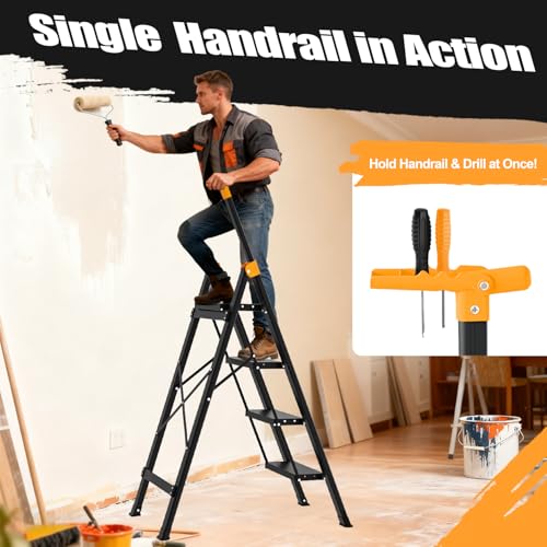 4 Step Ladder with Single-Handrail, Aluminum Step Stool Foldable, Lightweight Sturdy Step Ladder with Anti-Slip Pedals,Convenient Handrail for Home Kitchen Closet, 600lbs Max Load Capacity (Yellow) - color: Yellow, size: 4 steps