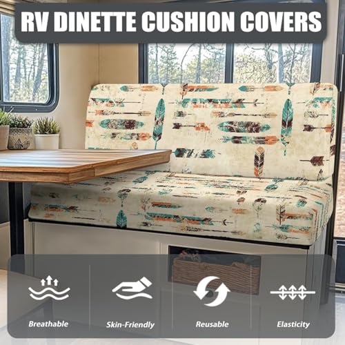 Southwestern RV Dinette Cushion Covers Indian Feathers Print Camper Cushion Covers Stretch Couch Cover 2 Cushion Slipcovers Washable Reusable RV Bench Seat Covers for Travel Trailer Couch - color: Indian Feathers