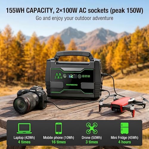 MARBERO Solar Generator 155Wh with 30W Solar Panel Portable Power Station with 2x 100W AC Outlets(Peak 150W), QC3.0 USB UL Certified for Home Blackout, Camping, RV Travel, Ultra-Light & Silent Fan - color: Green Black