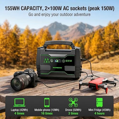 MARBERO Solar Generator 155Wh with 30W Solar Panel Portable Power Station with 2x 100W AC Outlets(Peak 150W), QC3.0 USB UL Certified for Home Blackout, Camping, RV Travel, Ultra-Light & Silent Fan - color: Green Black