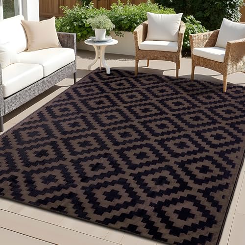 OLANLY Waterproof Outdoor Rug 5x8 ft, Outdoor Plastic Straw Rug for Camping, RV Mat Outside, Outdoor Carpet for Porch, Deck, Backyard, Balcony, Picnic, Black & Brown - color: Black & Brown, size: 5' X 8' (Rectangular)