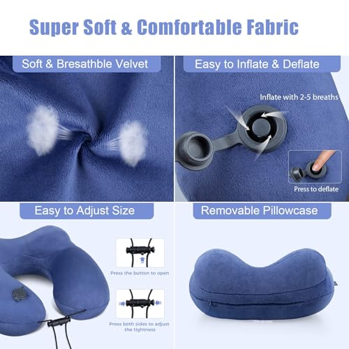 Inflatable Travel Neck Pillow for Airplanes, Super Soft Velvet Neck Support, Adjustable Firmness, Blow Up Plane Pillow for Long Flights, Road Trips, Travel Essentials with Eye Mask, Earplug - color: Premium Blue