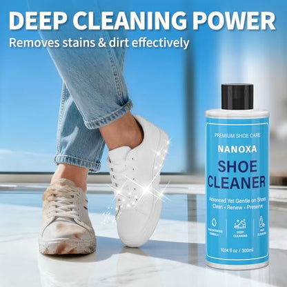 Shoe Cleaner, 10.14 fl oz Premium Shoe Cleaning Kit with Brush & Towel, Sneaker Cleaner Kit Safe for White Shoes, Leather, Boots, Canvas, PU, Mesh & More