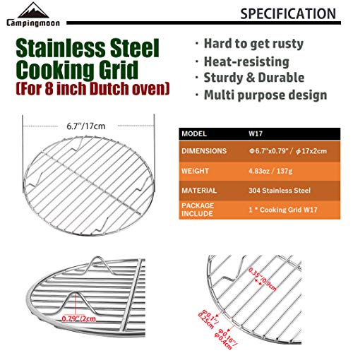 CAMPINGMOON Round Roasting Baking Steaming Cooling Rack Cooking Grid Grill Stainless Steel Fits for Dutch Oven (Diameter φ6.7inch, W17) - color: Dia 6.7 inches, W17