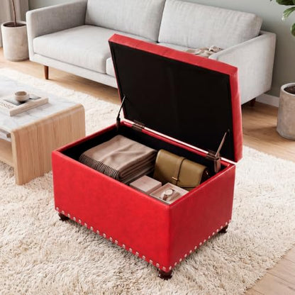 Joveco Leather Storage Ottoman, 24" Rectangle Square Bench Foot Rest Stool for Bedroom Living Room, Red - color: Red