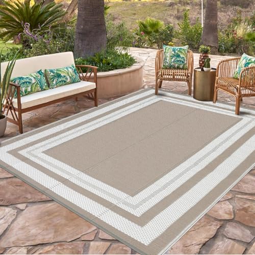 Outdoor Rug 8x10 Waterproof Patio Rugs Modern Border Reversible Mat for Front Door Rv Foldable Plastic Straw Carpet for Travel Trailers, Deck, Picnic, Camper, Balcony, Beach，Light Brown - color: Border3 - Light Brown, size: 8' x 10' (Rectangular)