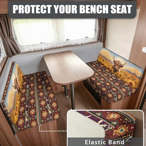 NDISTIN Aztec Highland Cow Sunflower 2Pcs Camper Couch Cushion Covers Dinette Rv Seat Covers Dinette Booth Cushions Comfortable Stretch Sofa Furniture Protector for Travel Trailer Couch - color: Aztec Highland Cow Sunflower