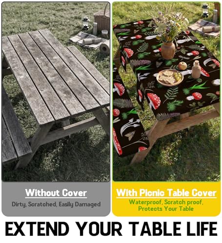 Fitted Picnic Table Cover with Bench Covers Vinyl Waterproof Elastic Edges Fitted Rectangle Table Cloth Patio Tablecloth Camping Essentials Rv Gear Accessories Road Trip Supplies Car Travel Must Have - color: Black Red Mushrooms, size: 72in