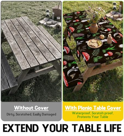 Fitted Picnic Table Cover with Bench Covers Vinyl Waterproof Elastic Edges Fitted Rectangle Table Cloth Patio Tablecloth Camping Essentials Rv Gear Accessories Road Trip Supplies Car Travel Must Have - color: Black Red Mushrooms, size: 72in
