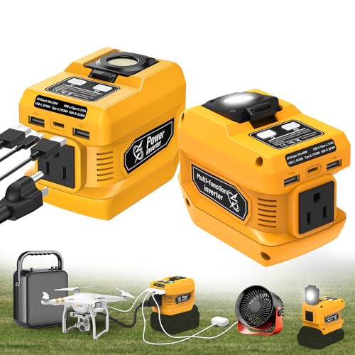 220W Power Inverter Compatible with Dewalt 20V Battery, DC 20V to AC 110V Portable Power Station Generator with 1 AC Outlet, 2 USB Ports & 1 Type-C Fast Charging, 400LM LED Work Light (2-Pack) - color: Yellow, size: 2-PACK